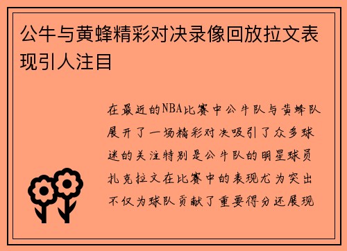 公牛与黄蜂精彩对决录像回放拉文表现引人注目